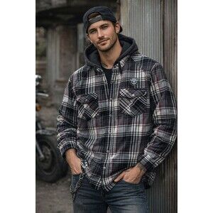 Harley Davidson Hooded Flannel Shirt Jacket Plaid Gray Black Button Up Biker XL